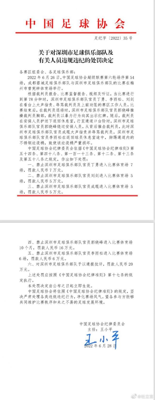 亚博官网-足协官方：深圳5名官员被处罚 共计罚款59万